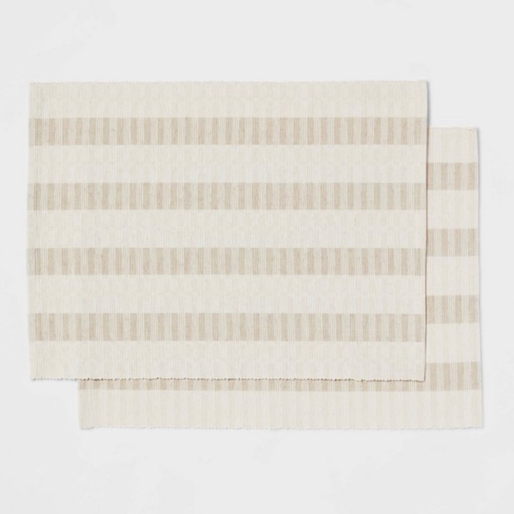 NWT THRESHOLD COTTON STRIPED PLACEMATS - TAUPE/WHITE STRIPED